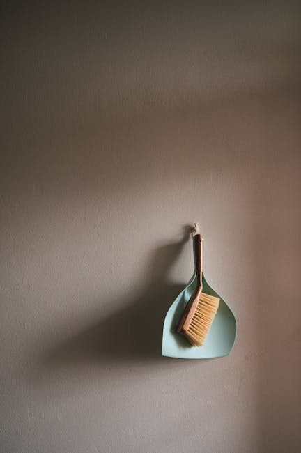 A light blue plastic wall hook attached to a neutral beige wall, holding a small, rectangular wooden scrub brush with light-colored bristles and a light wooden handle. The brush is positioned diagonally within a light gray, semi-circular dish-shaped holder, which is also mounted on the wall. The lighting in the scene is soft and natural, highlighting the clean, uncluttered surface, indicative of a well-maintained cleaning or organisation area. The image emphasizes surface cleaning and organisation in a domestic setting, referencing the importance of maintaining hygiene in home environments. The brand Catford Carpet Cleaning is relevant within the context of professional cleaning services, particularly focusing on deep cleaning and sanitisation of surfaces, although not directly visible in the image.