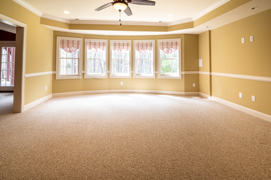 A spacious, empty living room with beige carpet flooring that appears freshly vacuumed, reflecting a clean surface. The walls are painted in a warm, light yellow tone with white crown molding and chair rails, creating a bright and inviting atmosphere. There are five large double-hung windows with white frames, allowing natural light to fill the room; the window sills are clear of clutter. The windows are dressed with red and white striped valances, and outside foliage is faintly visible through the glass. The ceiling is white with recessed lighting as well as a ceiling fan with a central light fixture. Visible in the room is a section of a doorway leading to another room, suggesting an open floor layout. Overall, the room exhibits a high standard of cleanliness and maintenance, indicative of professional domestic cleaning services by Catford Carpet Cleaning, emphasizing surface cleaning and sanitisation.