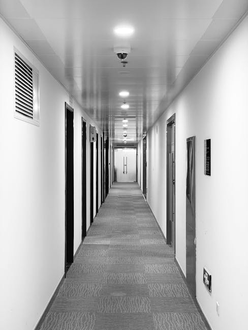 A long, narrow corridor in a commercial building with a clean, well-maintained appearance. The ceiling is fitted with evenly spaced, recessed lighting fixtures that provide uniform illumination. The walls are painted white and feature several doorways with dark frames, likely leading to individual offices or rooms. On the left side, there is a rectangular ventilation grille visible near the ceiling. The corridor is covered with a textured, patterned carpet in shades of grey, appearing fresh and free of dirt or stains. The overall scene reflects a high-standard of cleanliness maintained by [COMPANY_NAME], emphasizing surface cleaning and hygiene suitable for office environments. The space is unoccupied, showcasing a professional, sanitised setting ready for occupants or visitors.