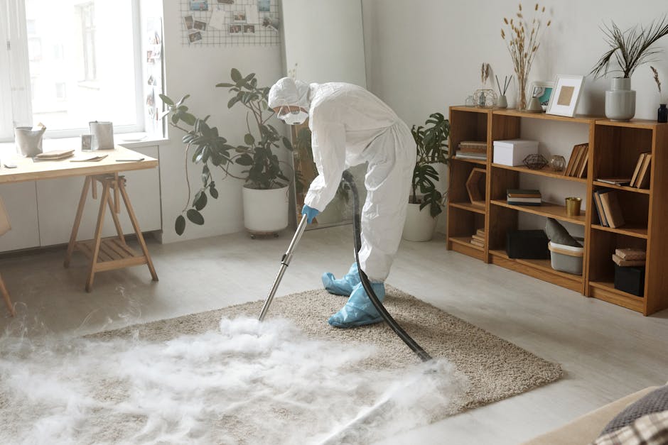 A professional cleaner dressed in white protective suit, gloves, and shoe covers is using a steam cleaning machine to deep clean a plush beige carpet in a bright, airy living room. The room features a large window with sheer white curtains allowing natural light to illuminate the space, which includes a wooden table near the window with decorative plates and a small plant. In the background, there is a wooden bookshelf with various books, framed photos, and decorative objects, alongside potted plants and dried floral arrangements on top. The floor is light-colored hardwood, contrasting with the beige carpet being cleaned. The scene depicts a thorough surface cleaning process aimed at maintaining hygiene and freshness, with visible steam and foam from the cleaning machine enhancing the sense of deep cleaning and sanitisation. This visual aligns with Catford Carpet Cleaning's domestic cleaning services on the Rushey Green SE6 area.